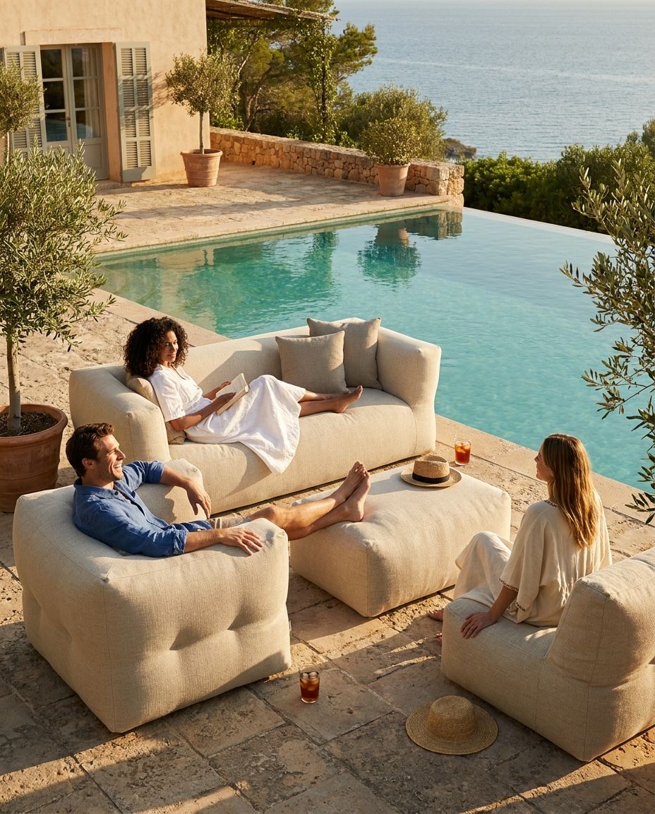 Drie mensen loungend op een NOMAD bank, fauteuil en hocker bij een infinity pool met uitzicht op zee