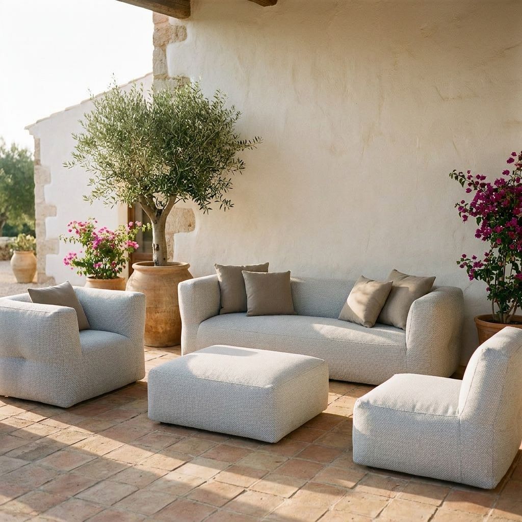 NOMAD loungeset in Fontelina White op een zonnig terras met bougainville en olijfboom