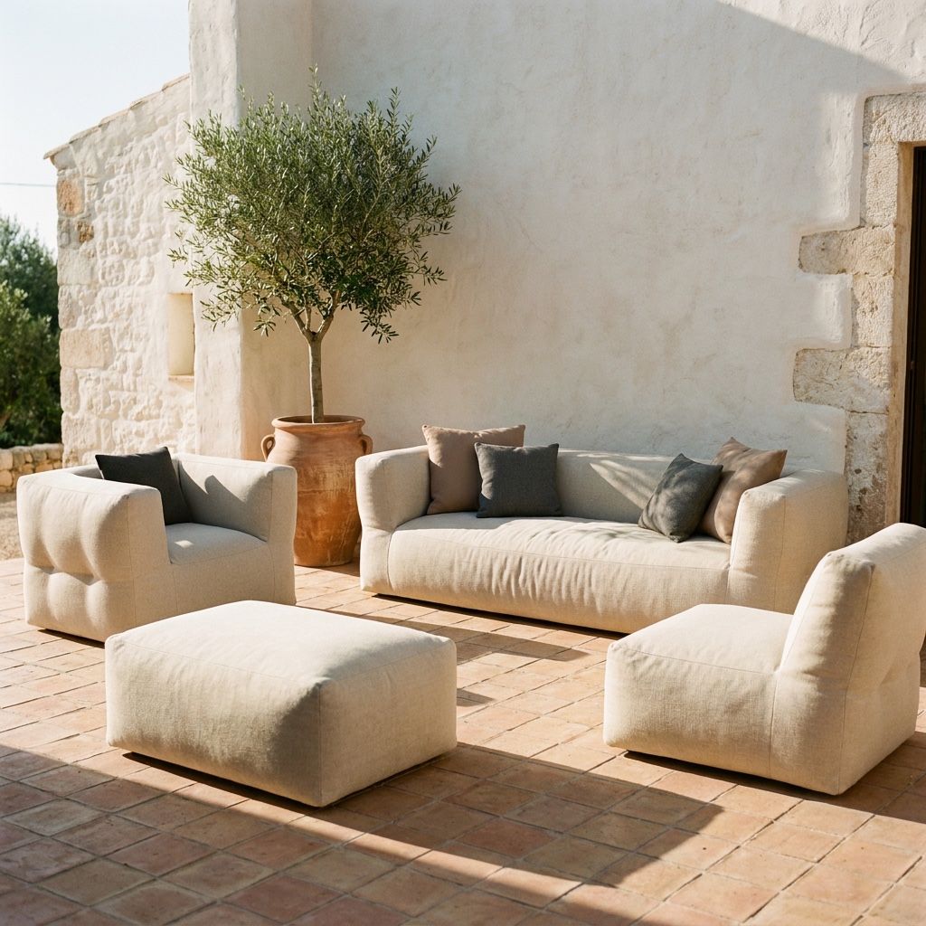 NOMAD loungeset in Southend Beige op een terracotta terras bij een witgekalkte muur met olijfboom