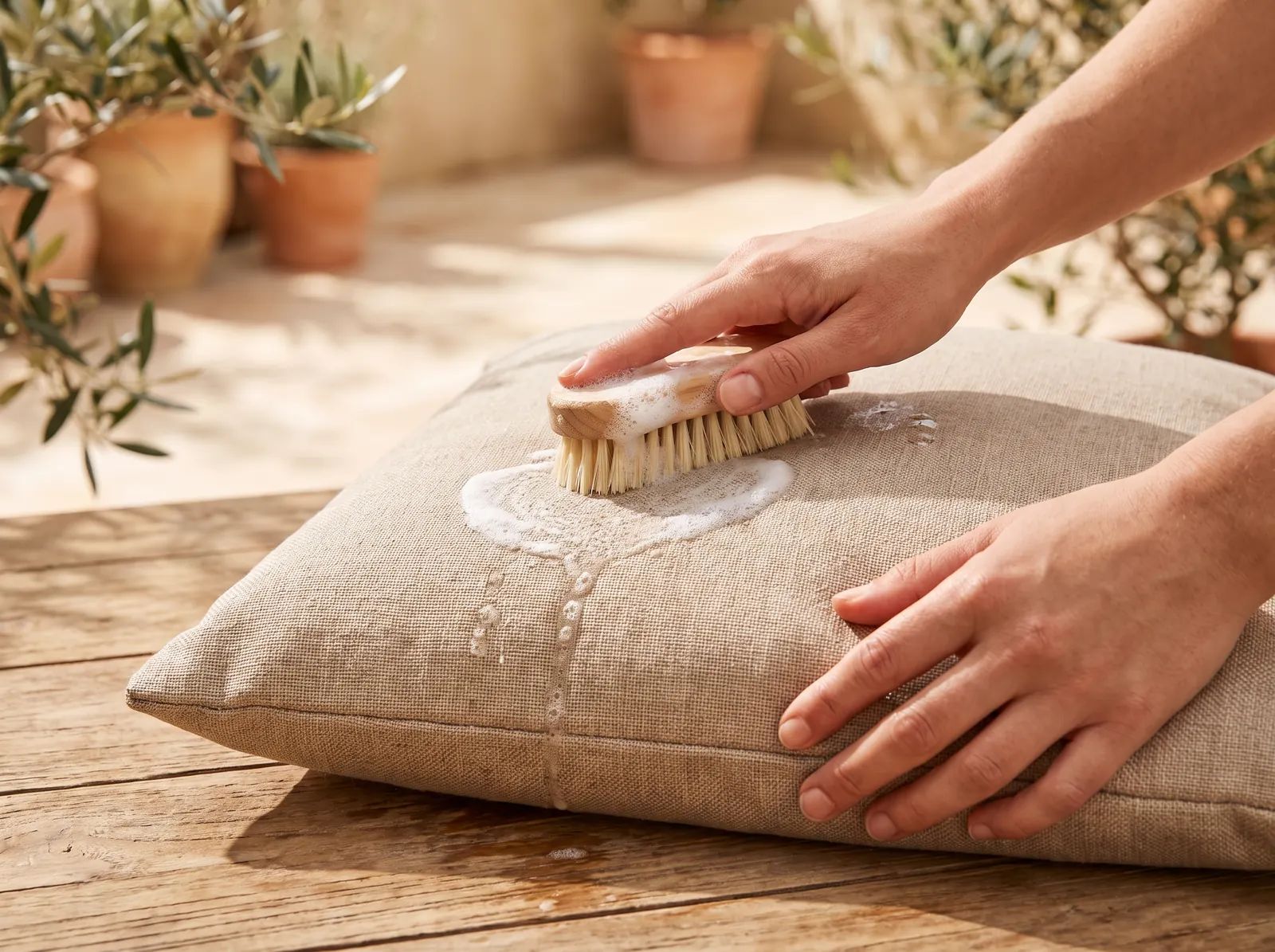 Twee handen deppen met een houten borstel en zeepsop een beige kussenhoes schoon op een terras