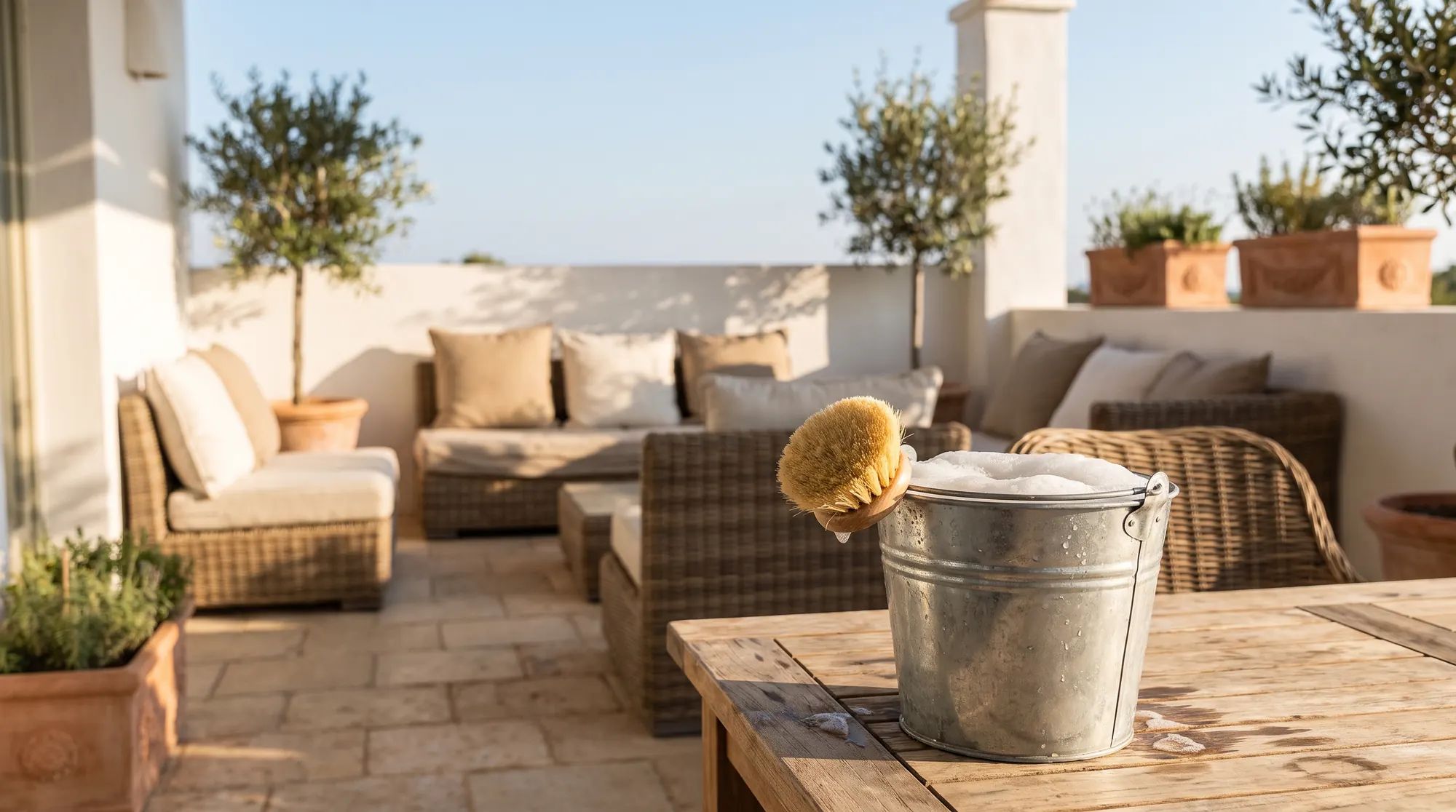 Zonnig terras met beige loungekussens, een emmer sop en een houten borstel op tafel