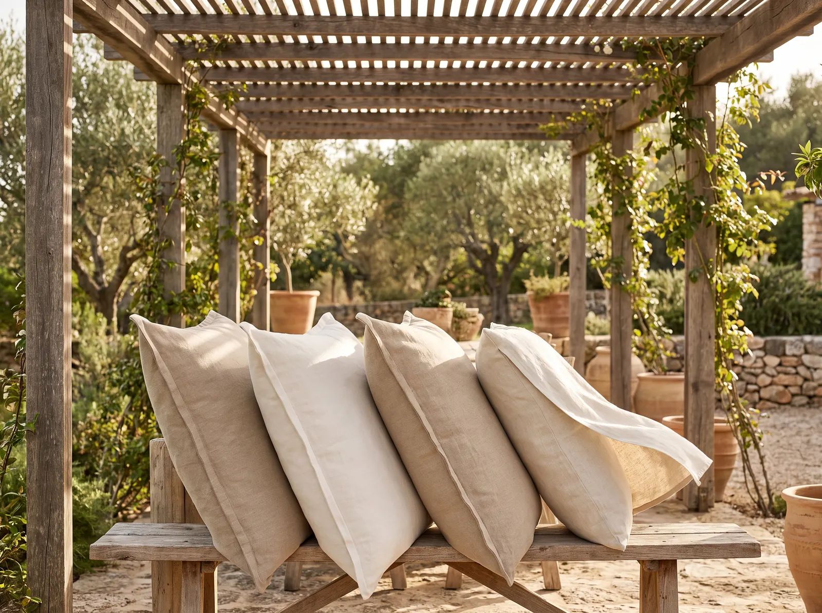 Vier beige outdoor kussens staan rechtop tegen elkaar te drogen op een houten bank onder een begroeide pergola