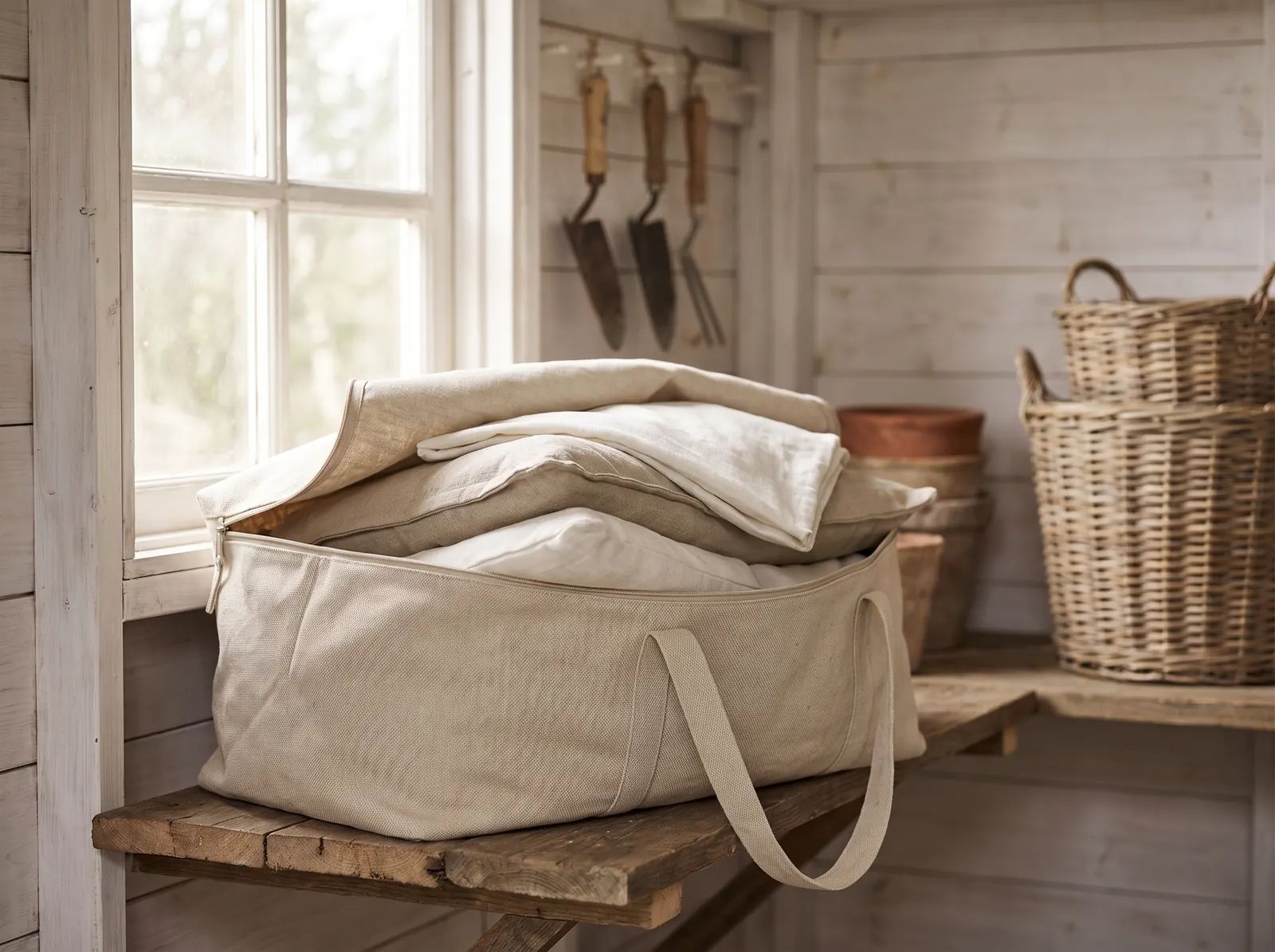 Beige en ivoorkleurige kussens netjes opgeborgen in een canvas opbergtas in een lichte houten berging