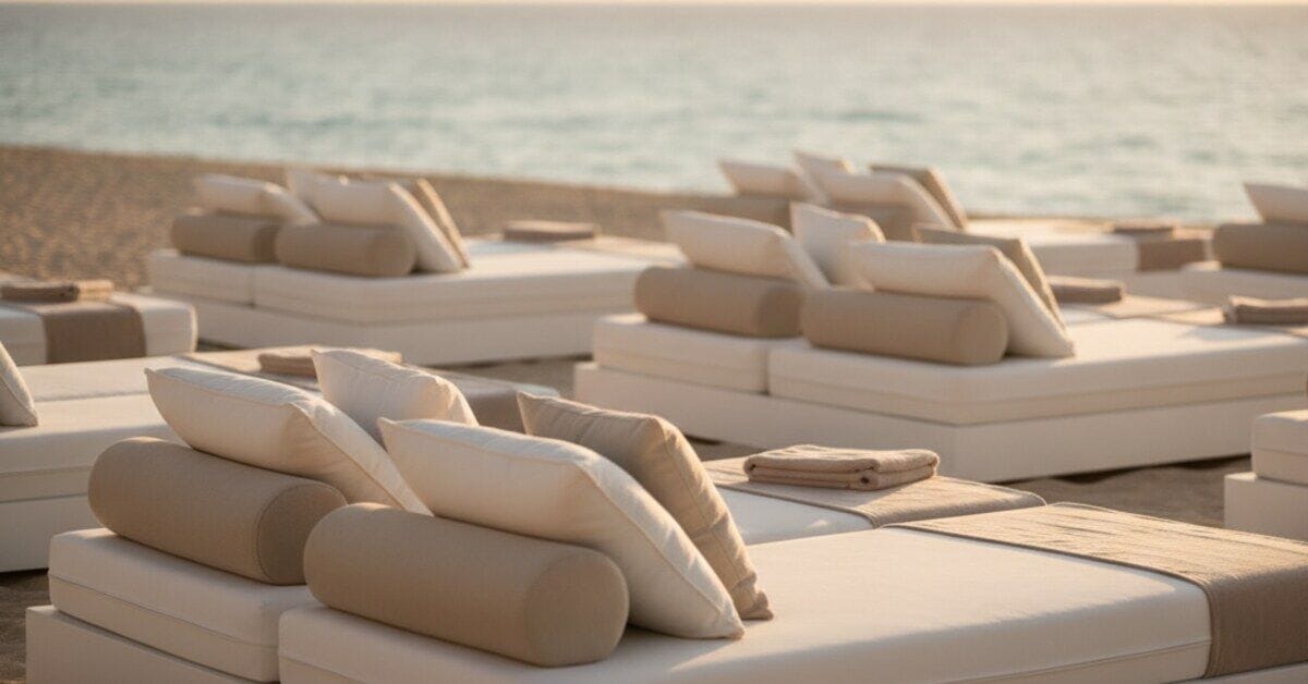 Beachclub bij zonsondergang met daybeds en loungekussens op maat aan zee