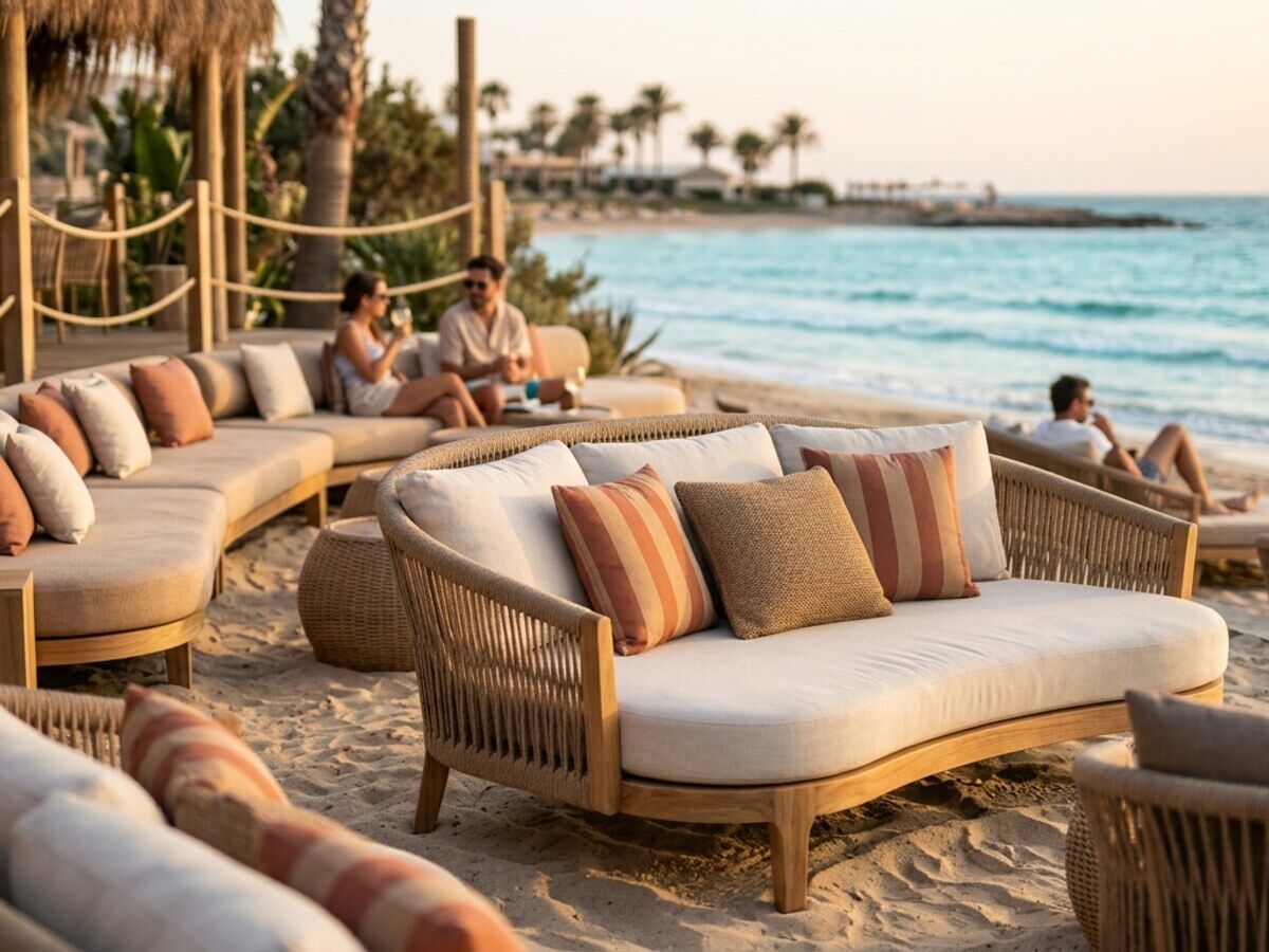 Daybeds met loungekussens op maat op het strand van een beachclub