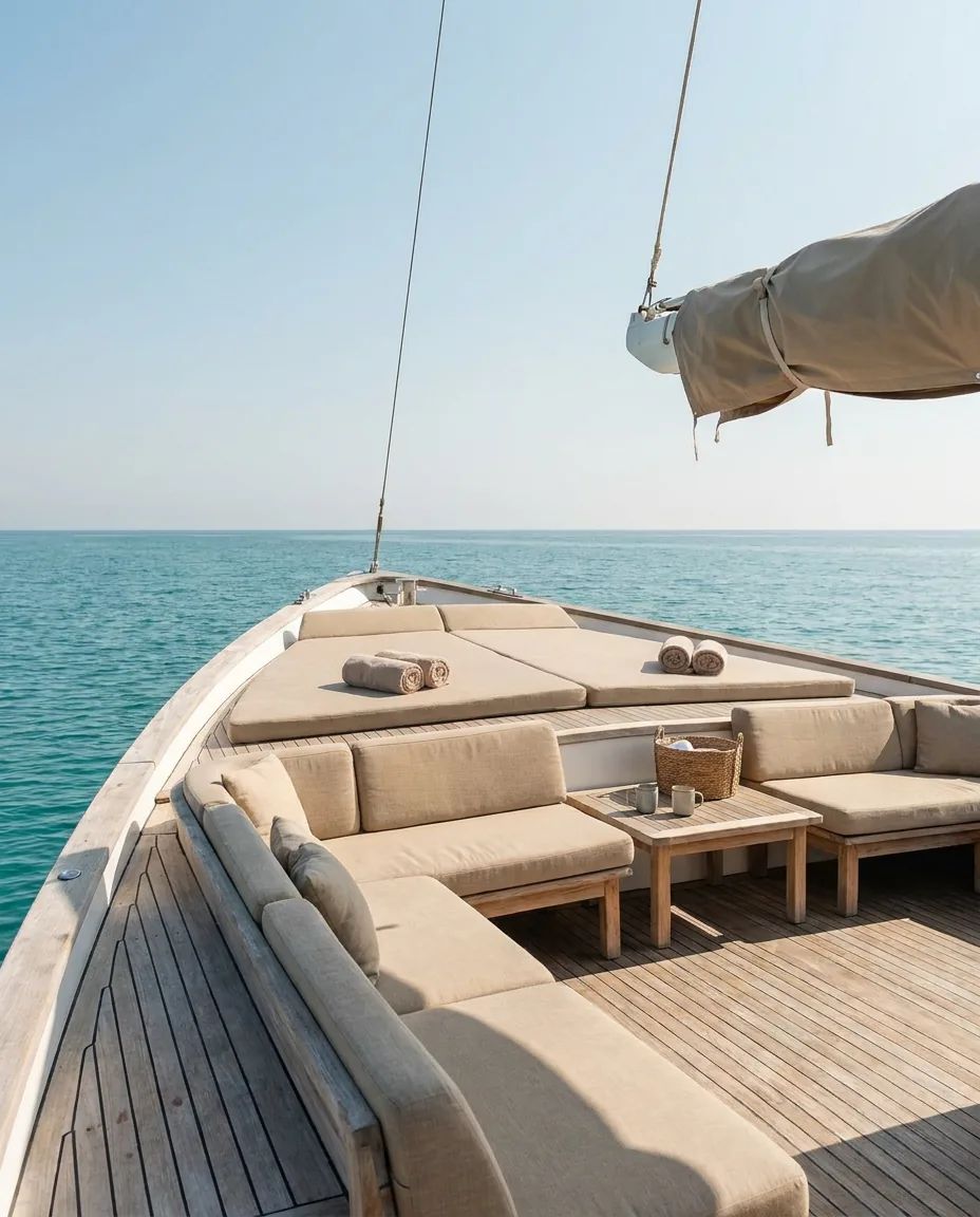 Zonnedek van een boot met bijpassende ligkussens op maat