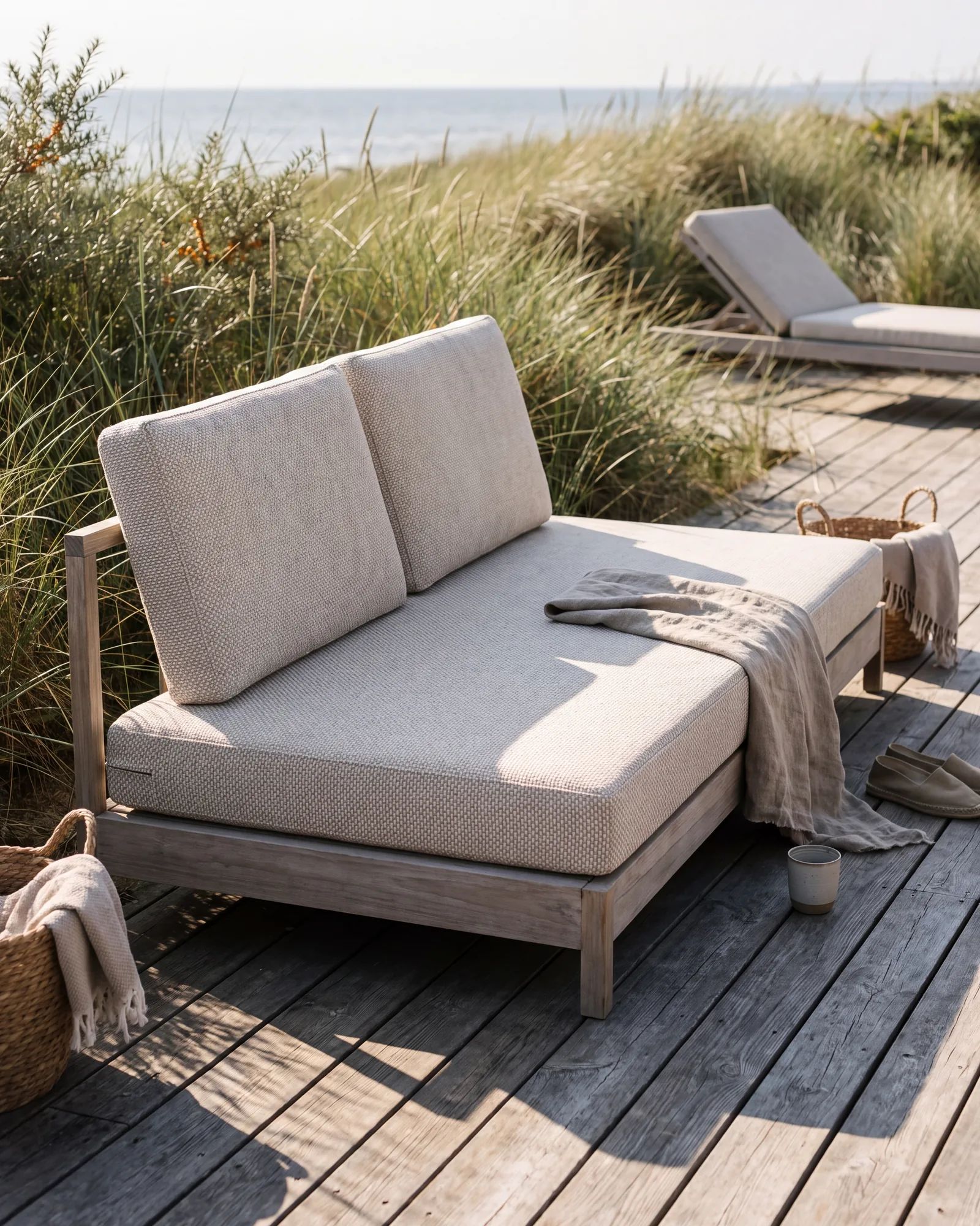 Daybed met een dik matraskussen op maat op een houten duinterras in namiddagzon, met een ligbed erachter