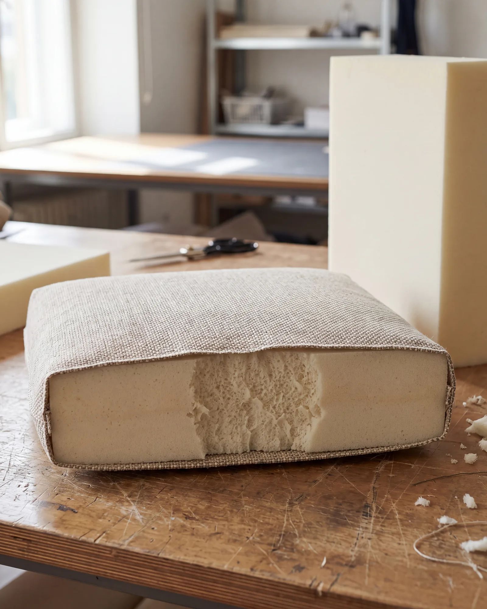 Doorsnede van een buitenkussen waarop de schuimlaag en de hoes zichtbaar zijn