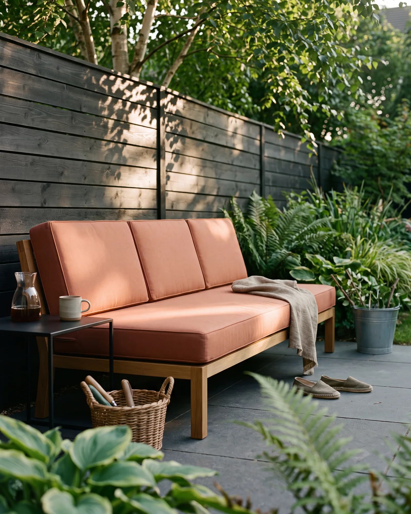 Loungebank met buitenkussens op maat in zit en rug, op een terras