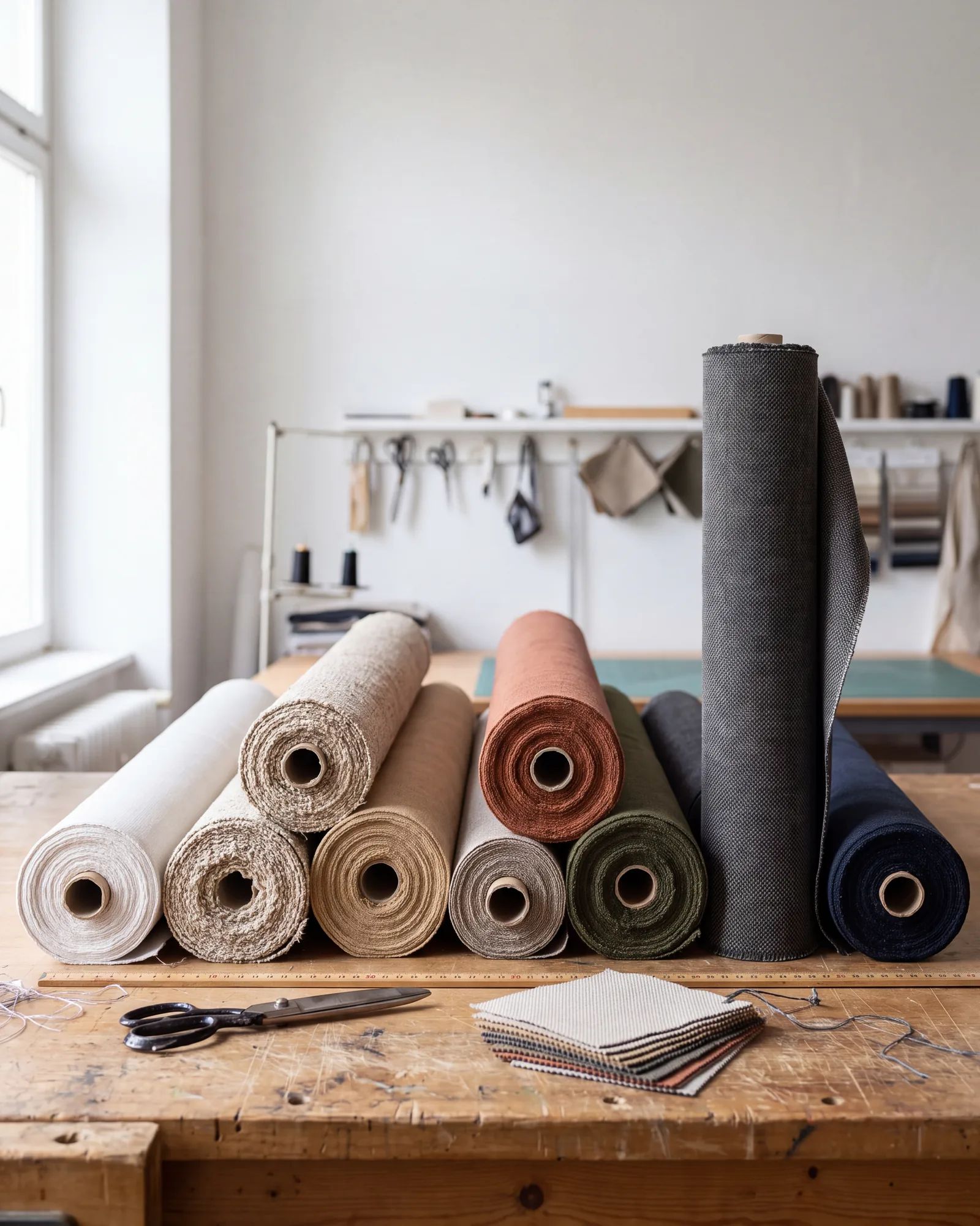 Stapel outdoor stofrollen in verschillende kleuren en structuren