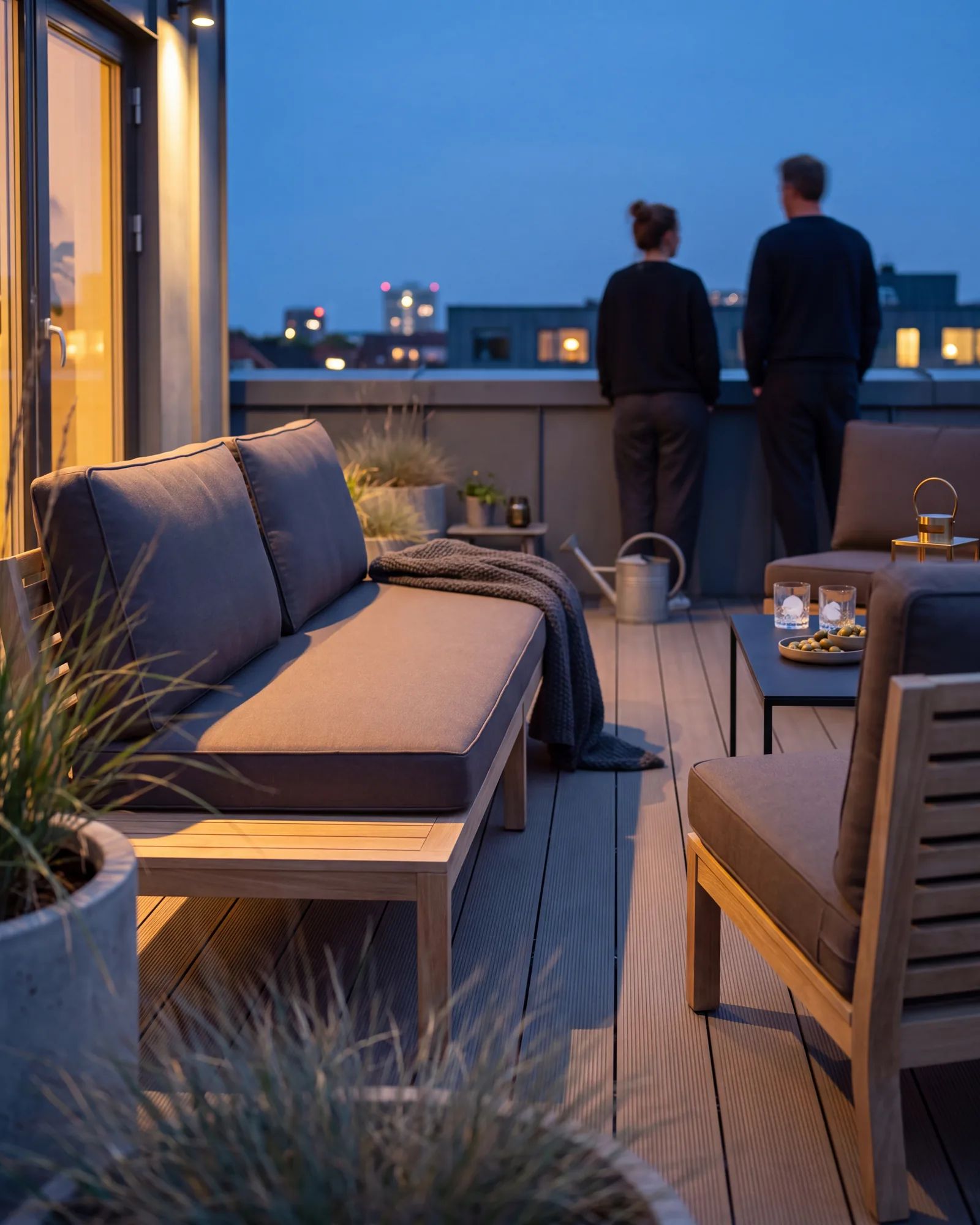 Houten tuinbank met zitkussens op maat en bijpassende stoelkussens