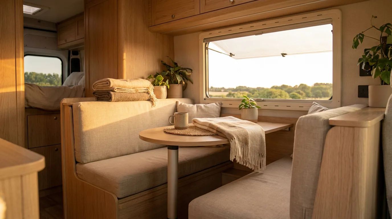 Camper-loungehoek met camperkussens op maat in warm avondlicht