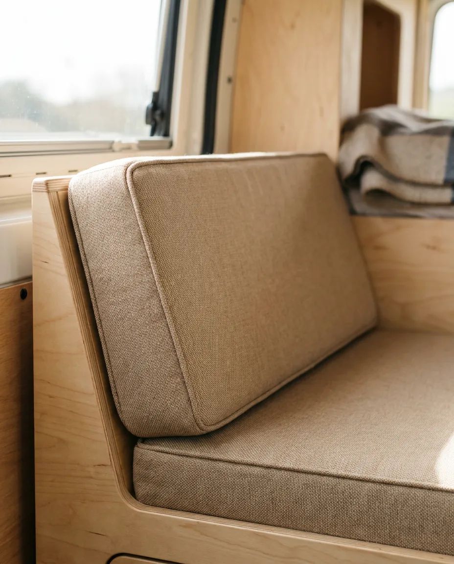 Trapeziumvormig zitkussen op maat dat exact in een schuine camperhoek past
