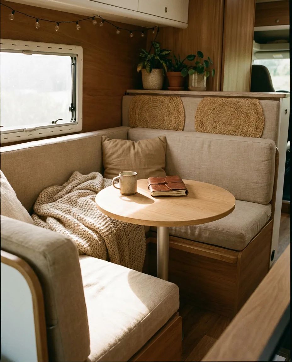 Camper dinette-hoek met bijpassende zit- en rugkussens op maat