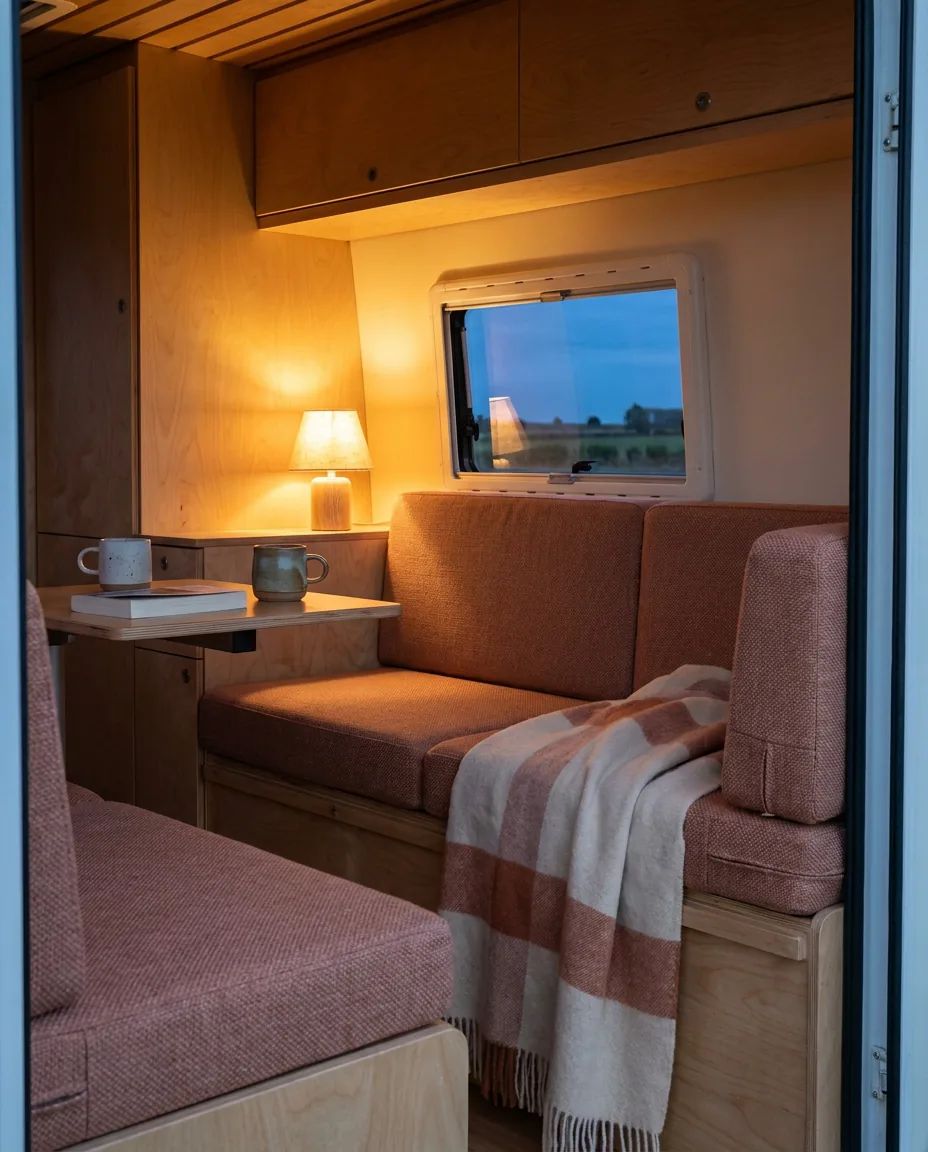 Camperkussens op maat in een warme stofkleur in een sfeervol camperinterieur