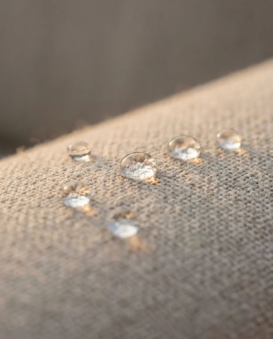 Macro-opname van waterafstotende all-weather outdoor stof met afparelende waterdruppels