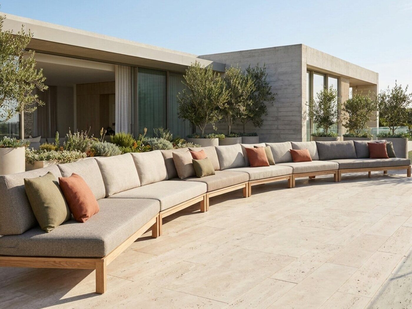 Maatwerk loungezone in een architectenproject met doorlopende bank
