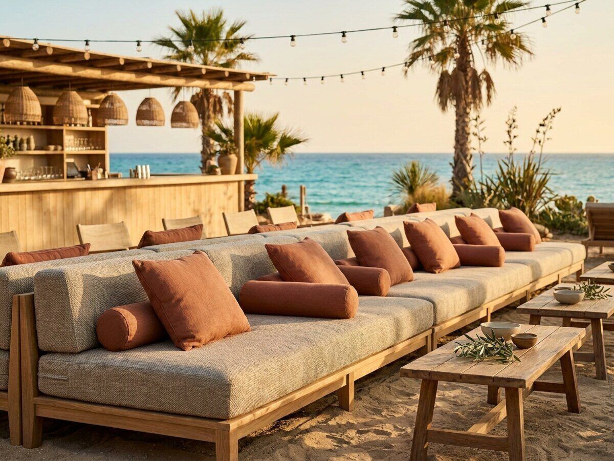 Loungehoek bij een beachclub-bar met kussens op maat
