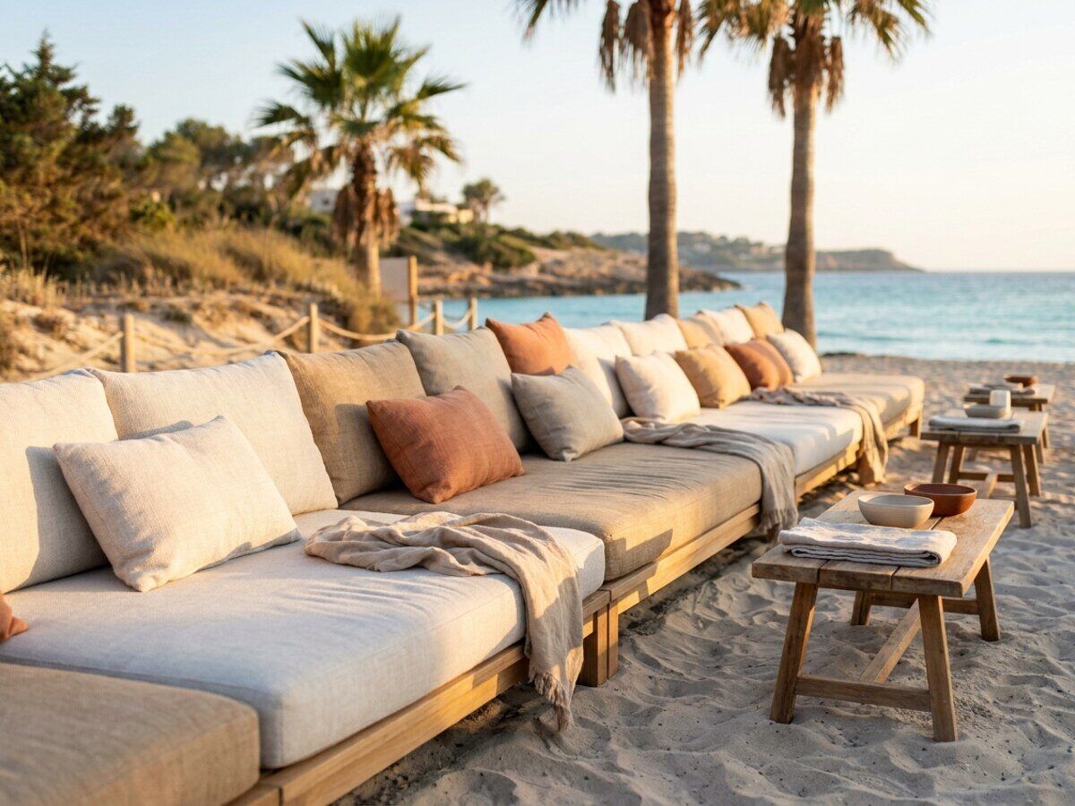 Rij daybeds met kussens op maat langs de zee