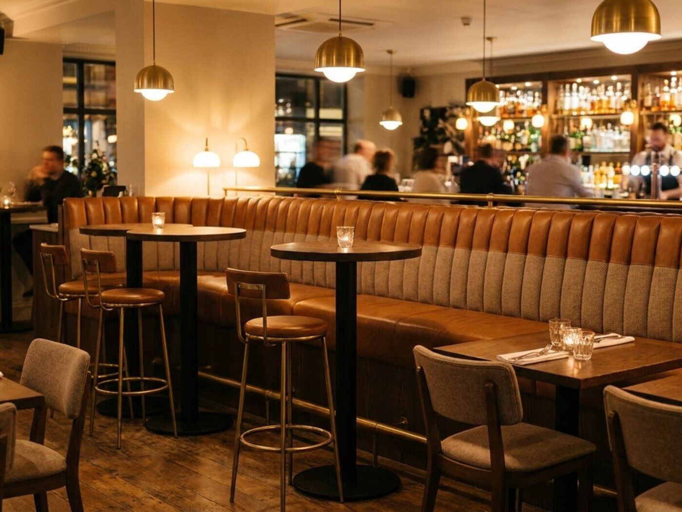 Gestoffeerde wandbank aan een bar met hoge tafels