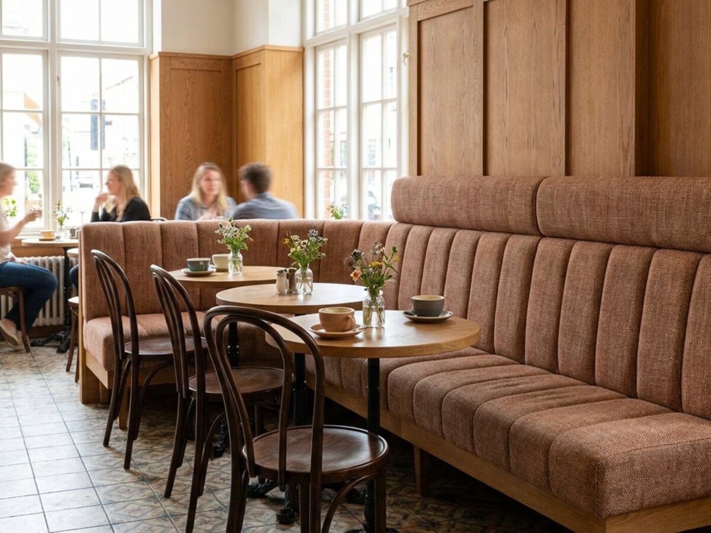 Gestoffeerde hoekbank in een café met bistrotafels