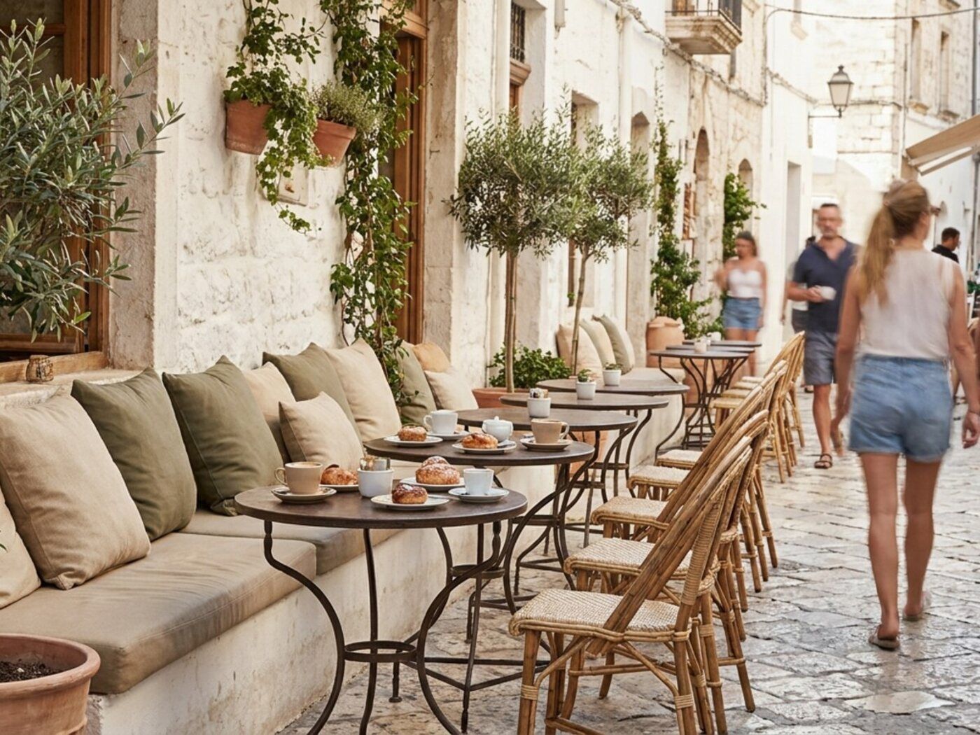 Café-terras met gestoffeerde bankjes en bistrotafels