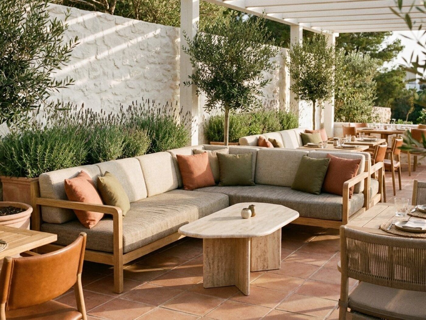 Terras-loungehoek met dikke kussens op maat