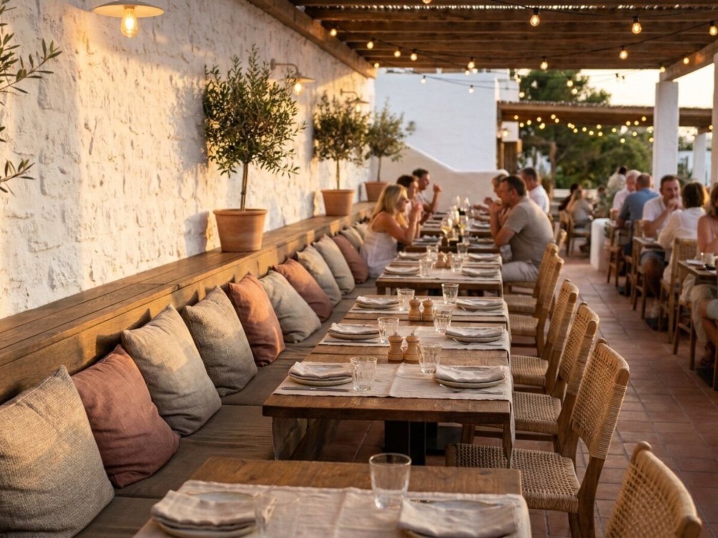 Restaurantterras met bank, kussens en gedekte tafels in avondlicht