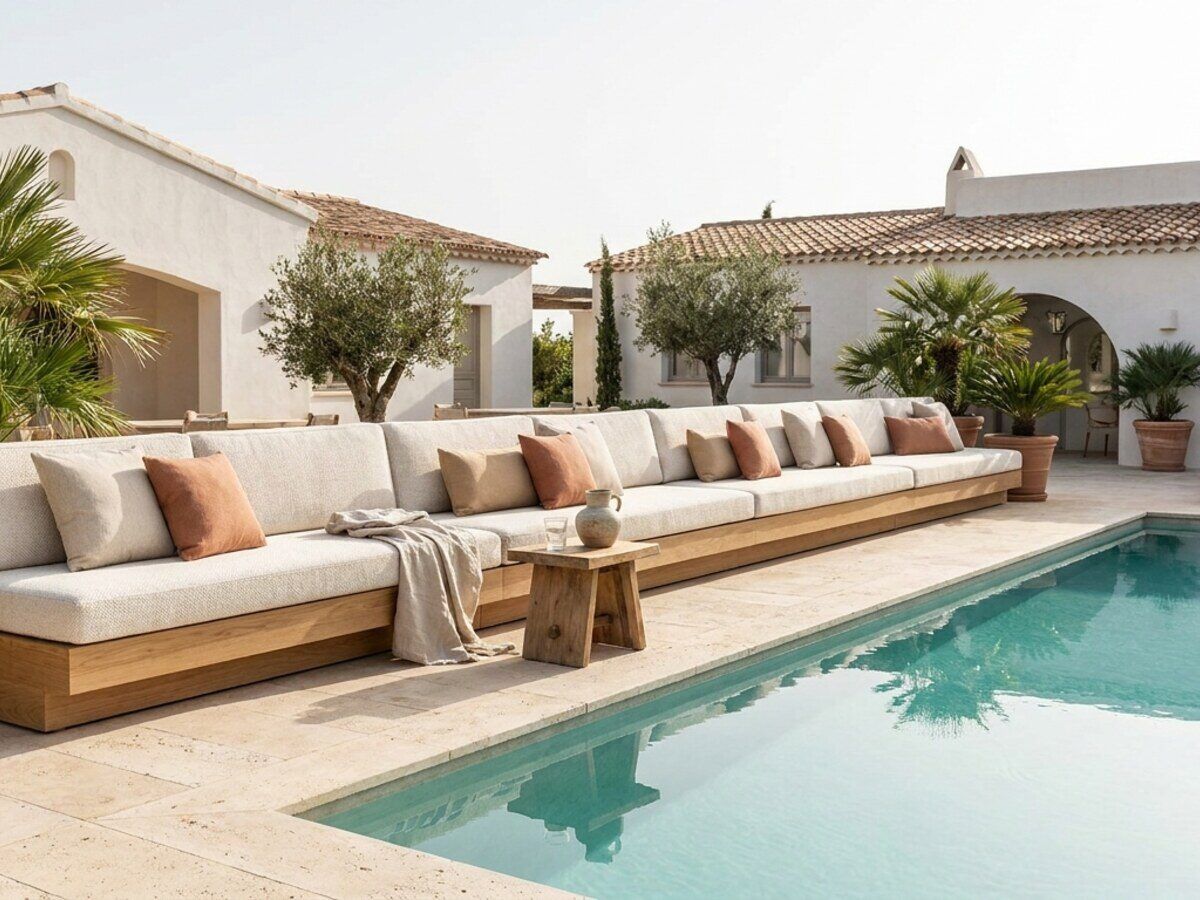 Doorlopende poolside-loungebank bij een hotelzwembad