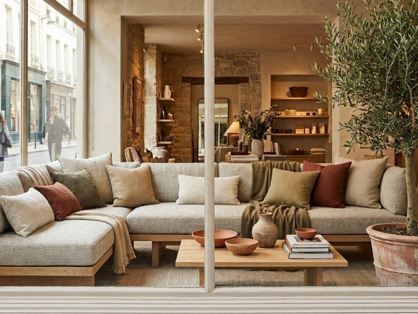 Etalage van een boutique met loungekussens op maat in de spotlight