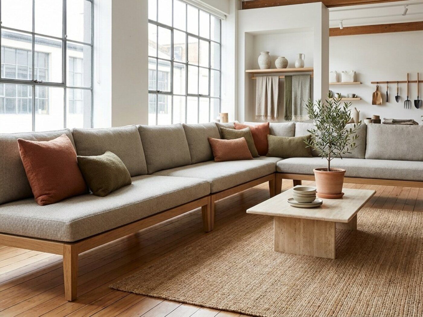 Retail-showroom met een loungebank en kussens op maat in premium buitenstof