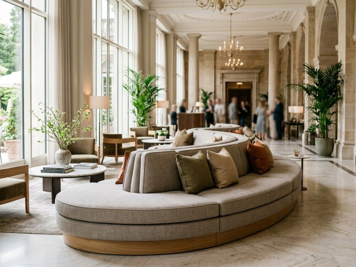 Ruime hotellobby met een gebogen loungebank en kussens op maat in warm avondlicht
