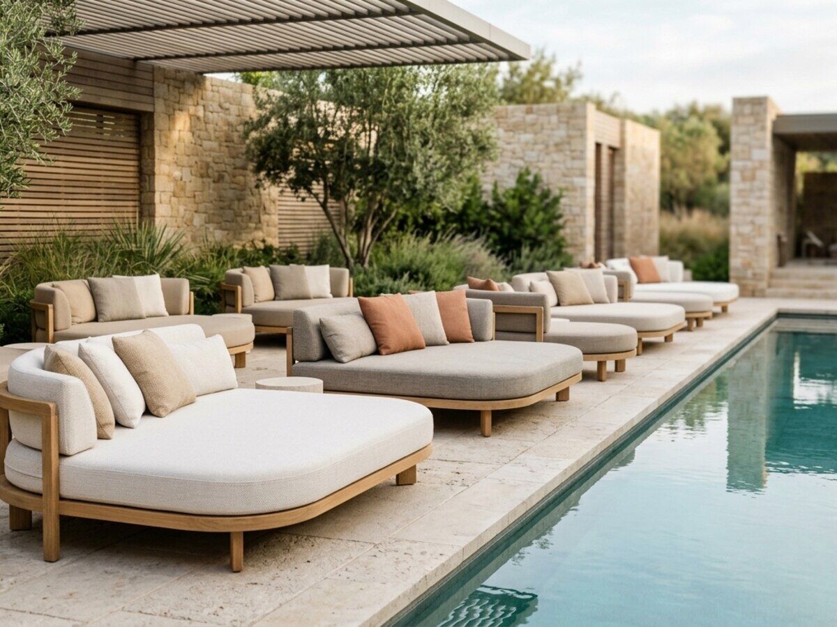 Poolside daybeds met kussens op maat bij een hotelzwembad