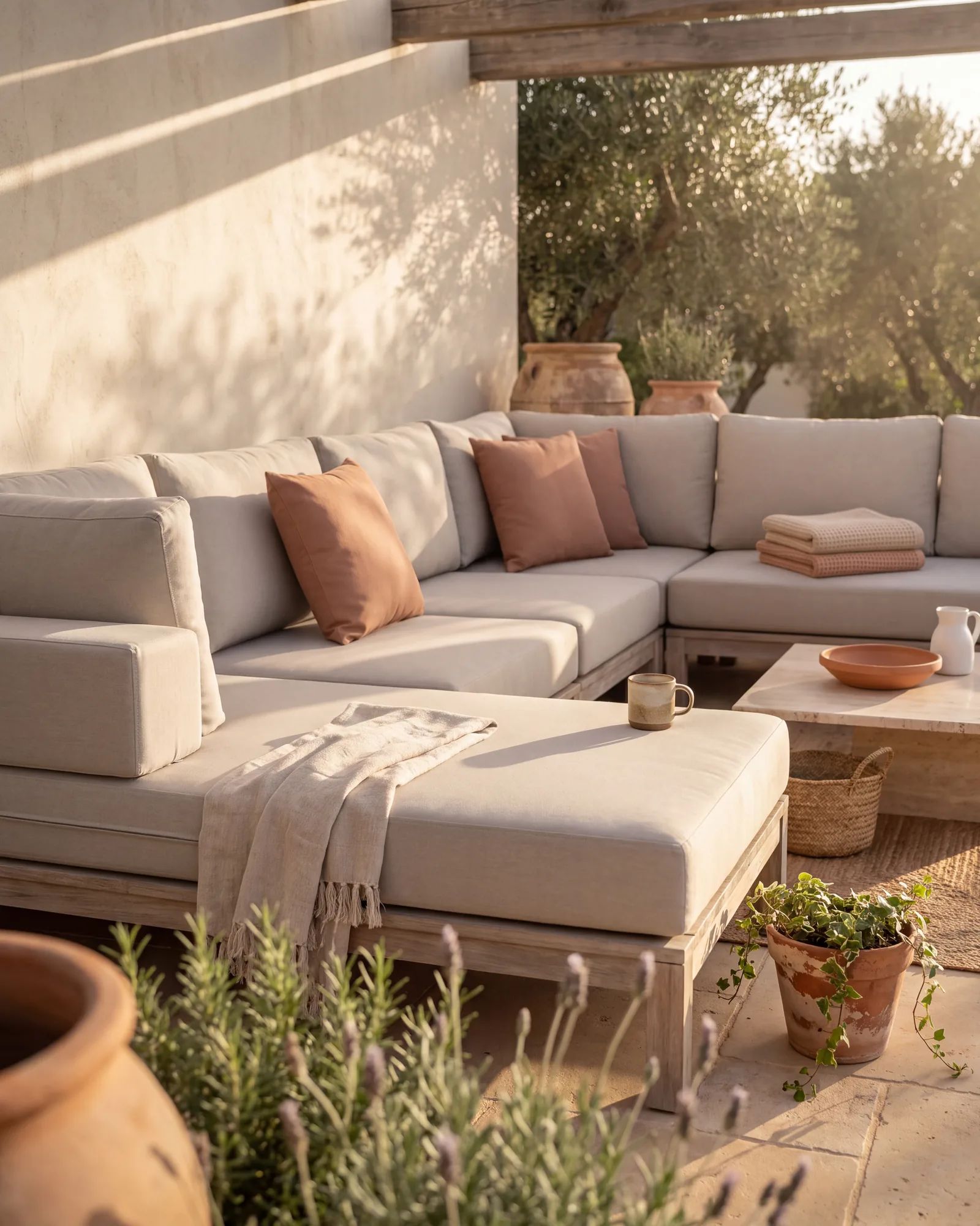 Modulaire loungehoek met zit-, rug- en hoekkussens op maat in dezelfde stof