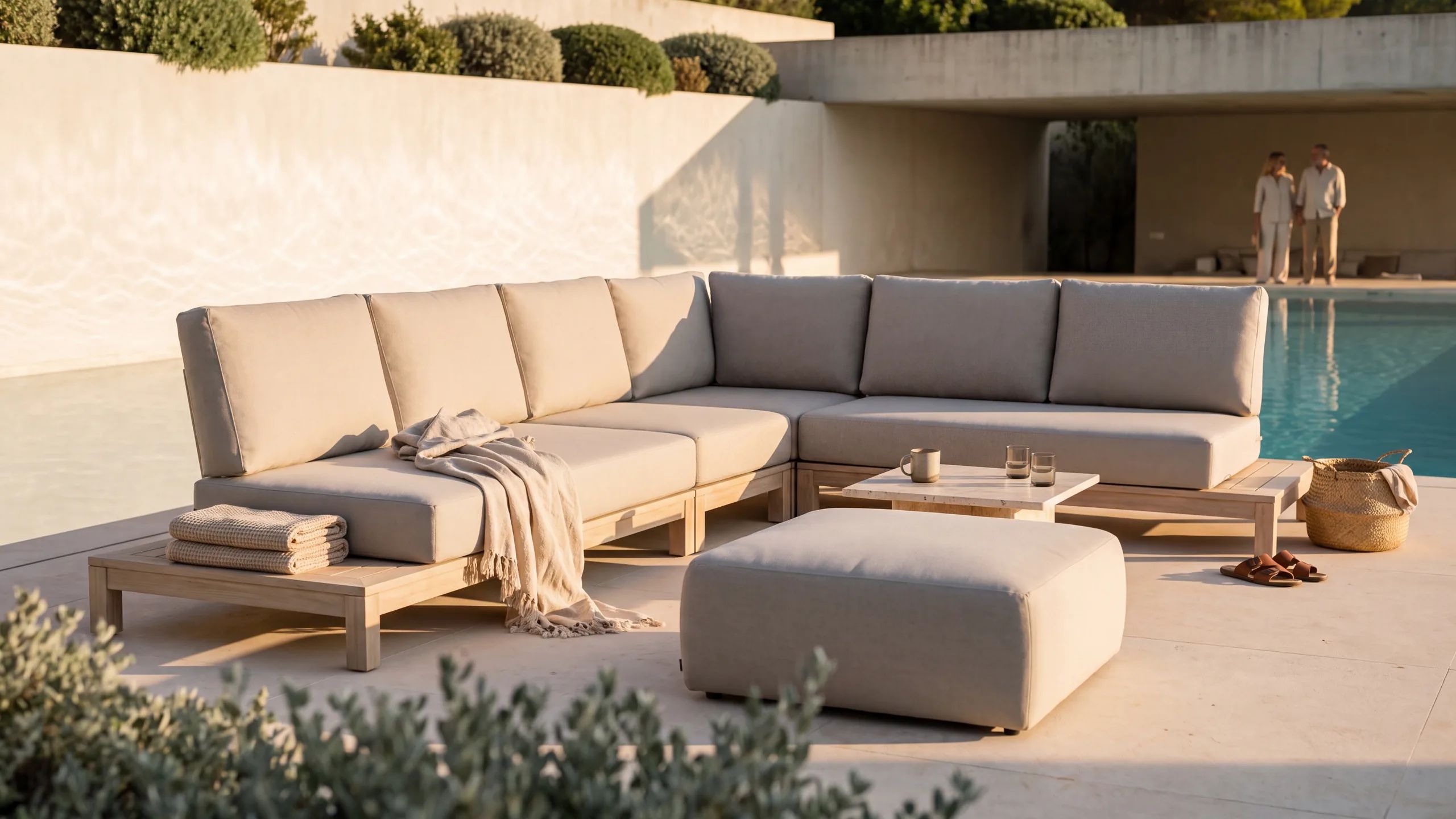 Loungeset met loungekussens op maat in zit en rug, op een terras bij avondlicht