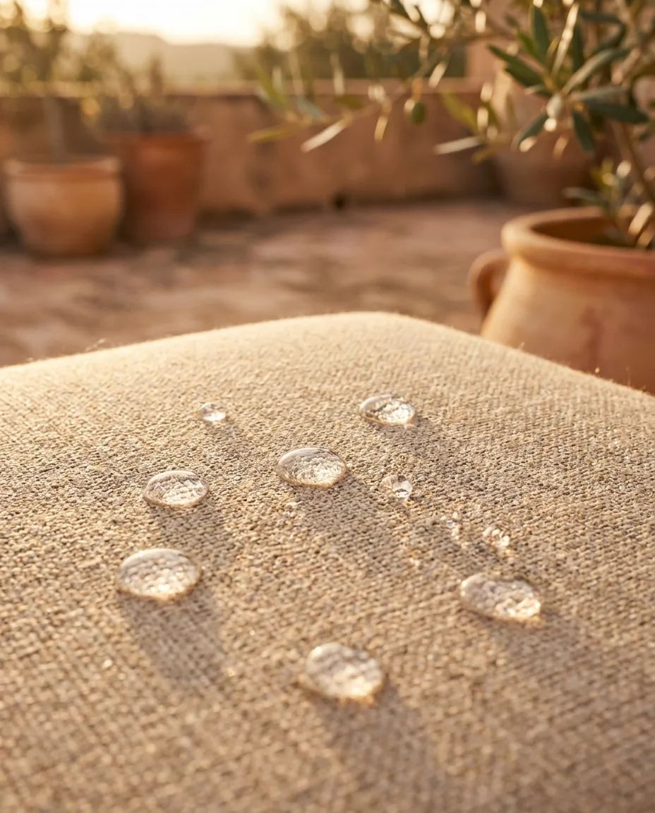 Macro-opname van waterafstotende outdoor stof met afparelende waterdruppels