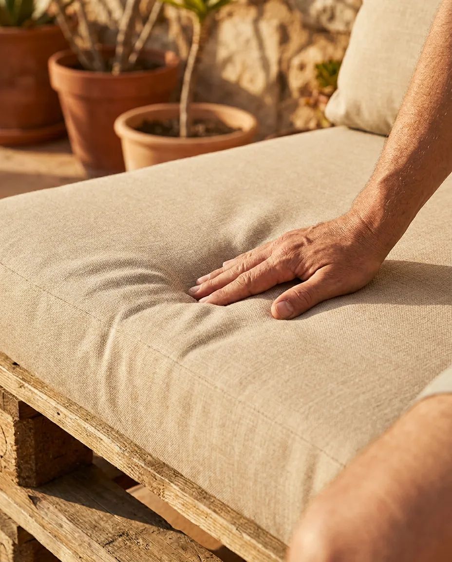 Hand die op een palletkussen drukt om de veerkracht en dikte van de vulling te tonen