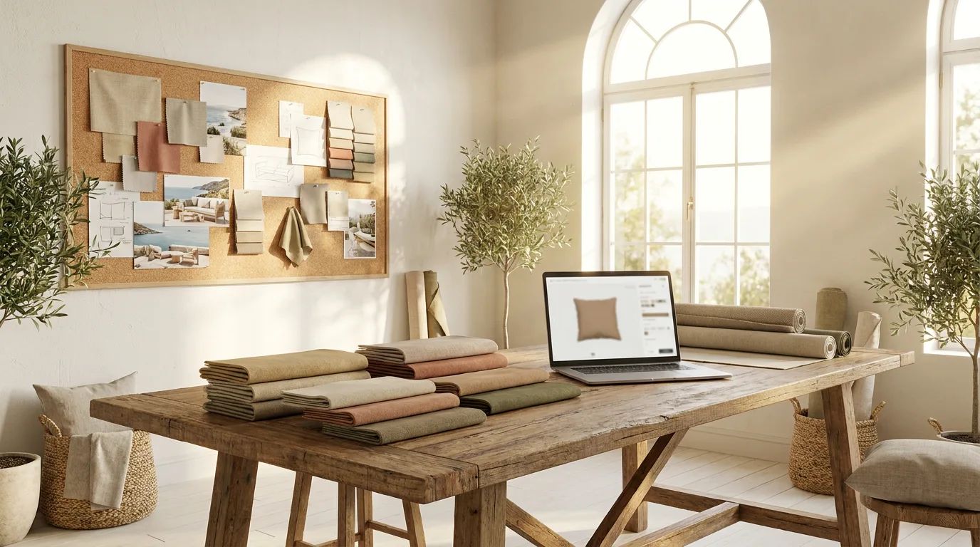 Studio-werkplek met stofstalen, moodboard en de 3D-configurator op een laptop