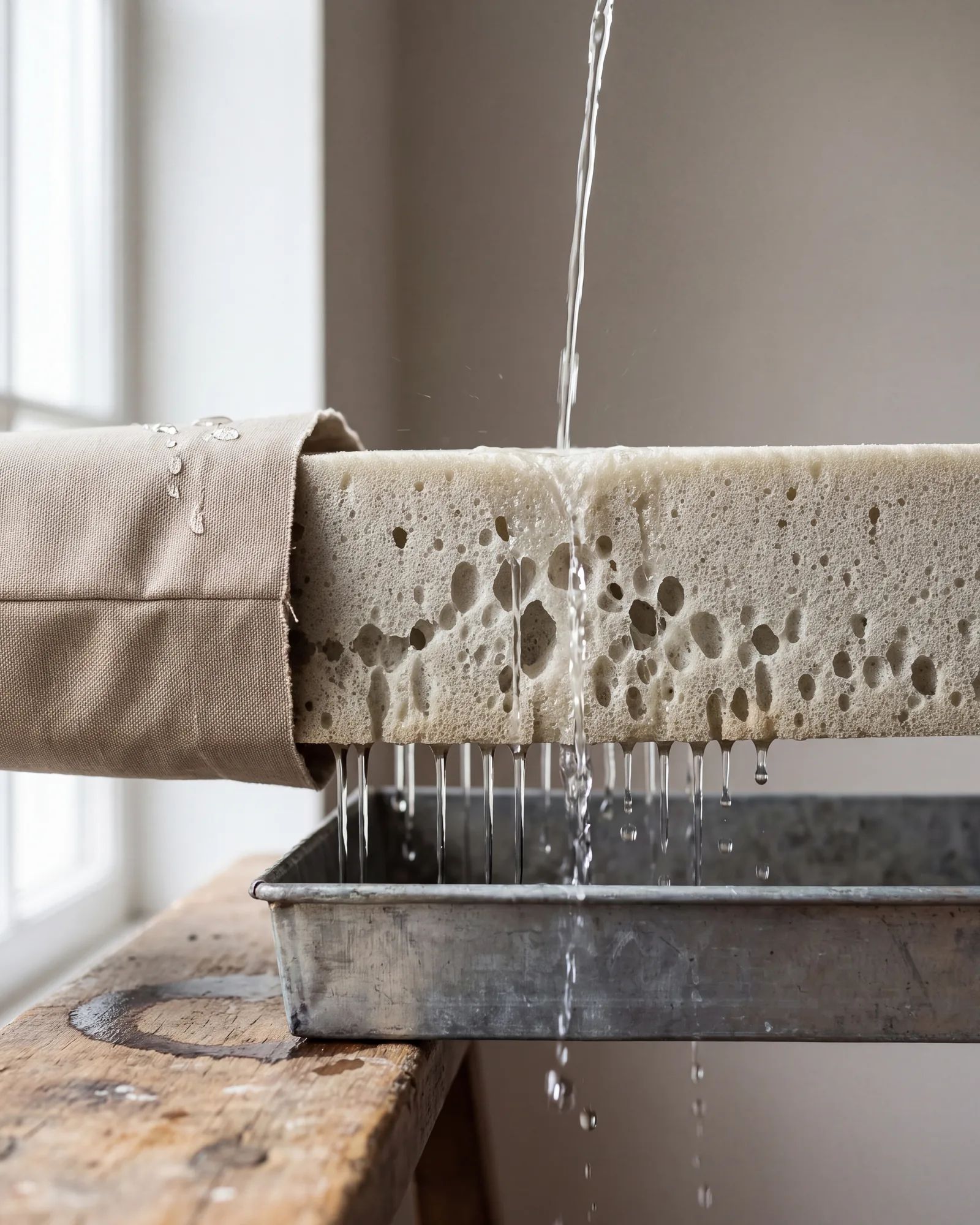 Water dat dwars door sneldrogend schuim heen loopt en aan de onderkant wegdruipt