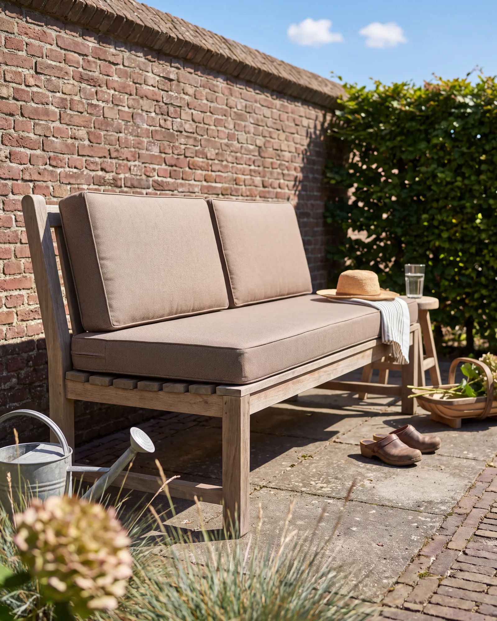 Houten tuinbank met een zitkussen op maat in de volle middagzon