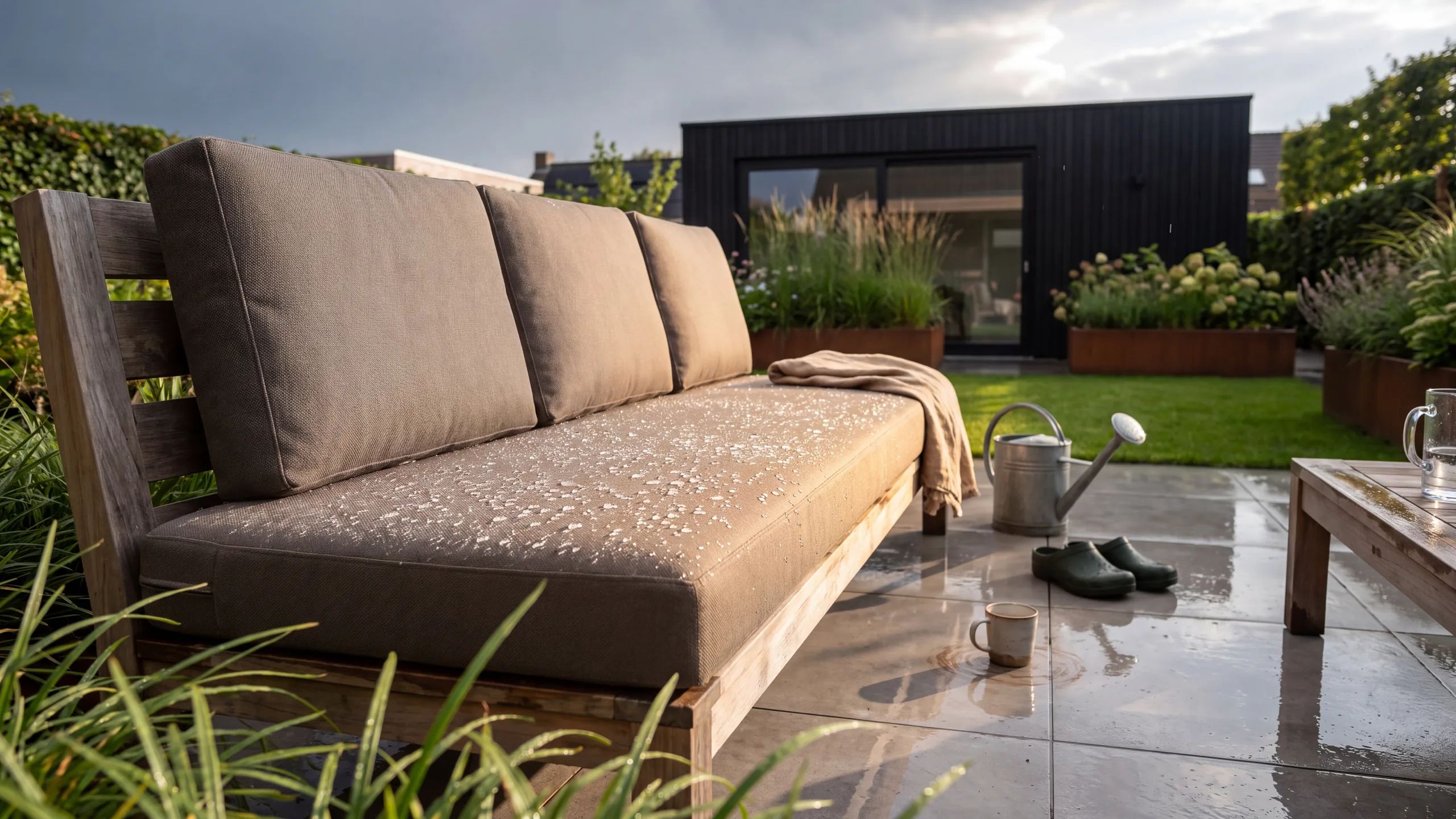 Houten tuinbank met tuinkussens op maat in een tuin na een regenbui