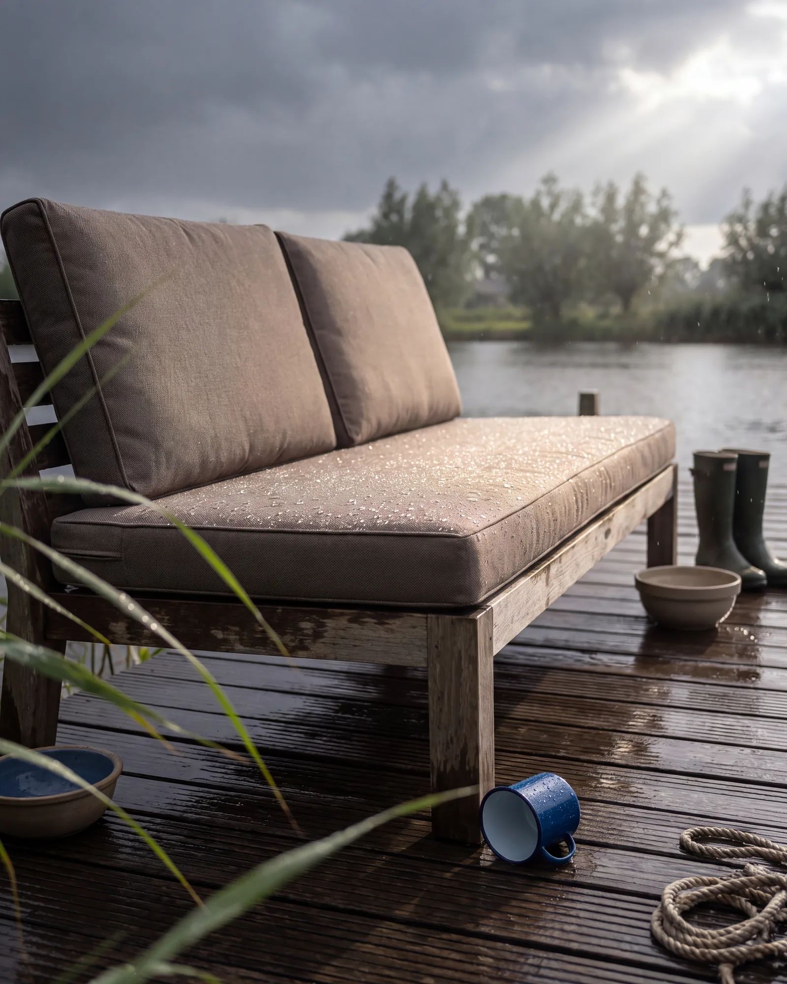 Tuinkussens op maat met waterdruppels op de stof na een regenbui