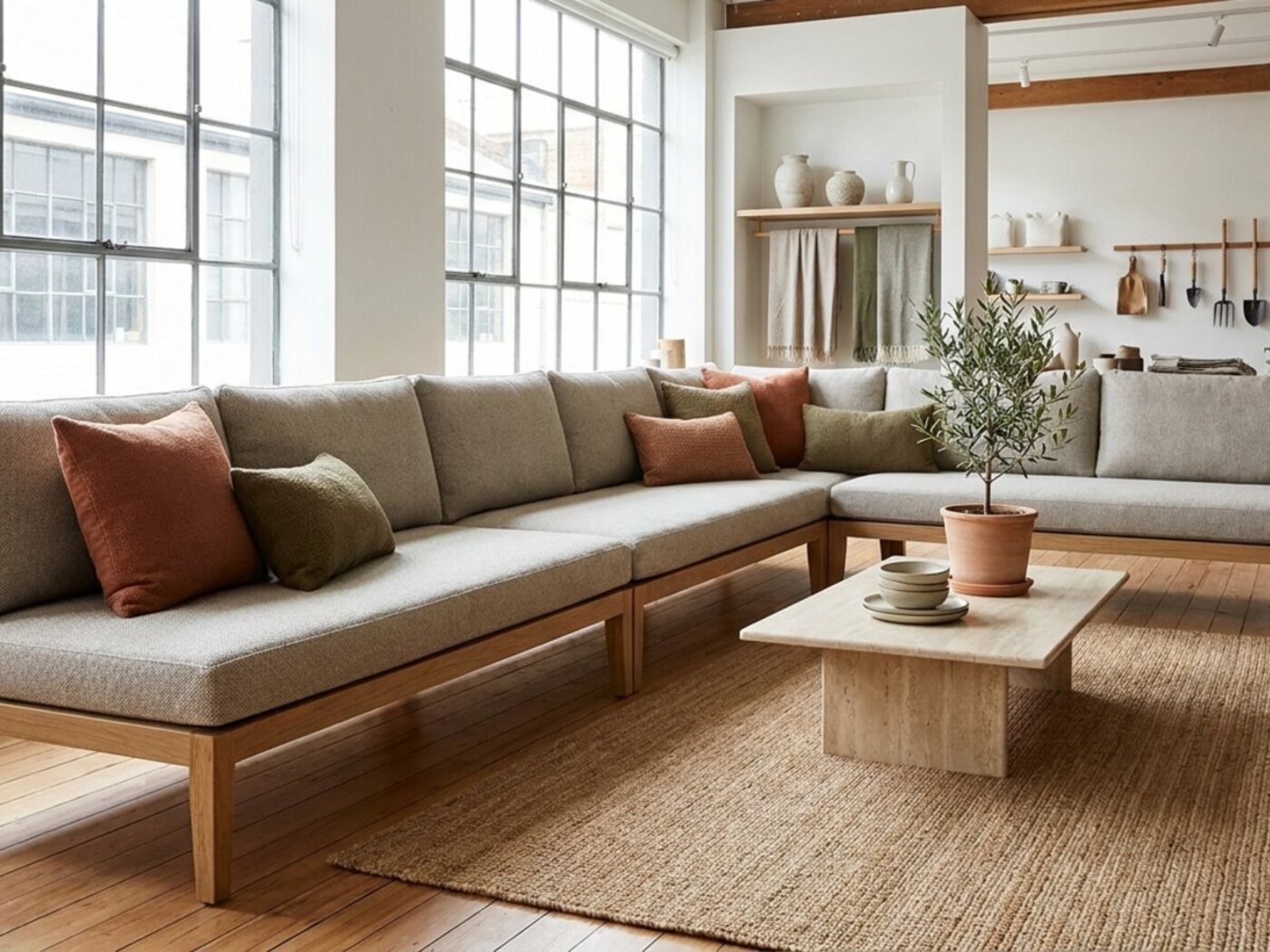 Retail-showroom met een loungebank en kussens op maat in premium buitenstof
